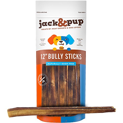 Product Cover Jack&Pup 12-inch Premium Grade Odor Free Bully Sticks Dog Treats [Thick], (5 Pack) - 12