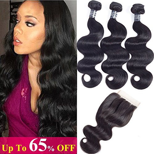 Product Cover Amella Hair 8A Brazilian Body Wave with Lace Closure (12 14 16+10 Three part) 100% Unprocessed Virgin Brazilian Body Wave Human Hair Extensions with 4x4 Lace Closure Natural Color 345g in Total
