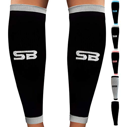 Product Cover SB SOX Compression Calf Sleeves (20-30mmHg) for Men & Women - Perfect Option to Our Compression Socks - for Running, Shin Splint, Medical, Travel, Nursing, Cycling, and Leg Pain (Black/Gray, Medium)