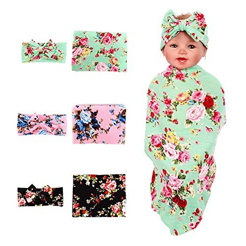 Product Cover 3 Pack BQUBO Newborn Floral Receiving Blankets Newborn Baby Swaddling with Headbands or Hats Toddler Warm