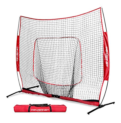 Product Cover PowerNet 7x7 PRO Net with One Piece Frame (Red) | Baseball Softball Practice Net | Training Aid for Hitting Pitching Batting Fielding Portable Backstop | Bow Style Frame | Non-Tip Weighted Base