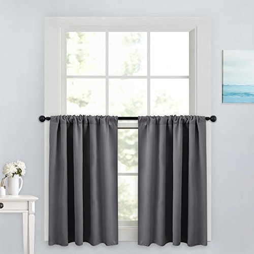 Product Cover PONY DANCE Gray Curtain Tier - Rod Pocket Blackout Panels Window Treatments Small Curtains Tailored Tiers/Valances for Kitchen, W 42 x L 36 inches, Grey, 2 Pieces