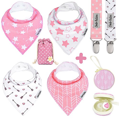 Product Cover Dodo Babies Baby Bandana Drool Bib Set - 4pc Infant Bibs with 2 Pacifier Clips, Binky Case, Gift-Ready Bag - Soft Absorbent Cotton with Polyester Back - Adjustable Buttons to Fit 3-24 -Month Old Girls