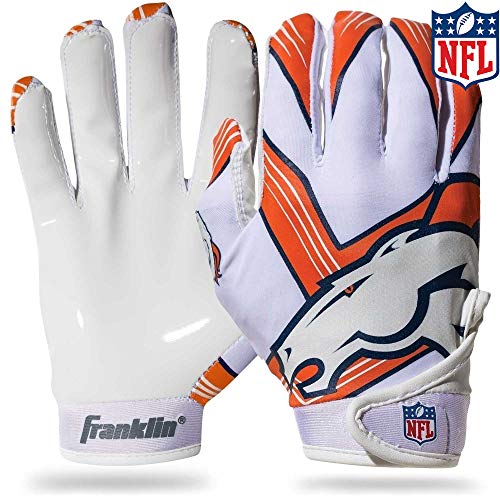 Product Cover Franklin Sports Denver Broncos Youth NFL Football Receiver Gloves - Receiver Gloves For Kids - NFL Team Logos and Silicone Palm - Youth M/L Pair
