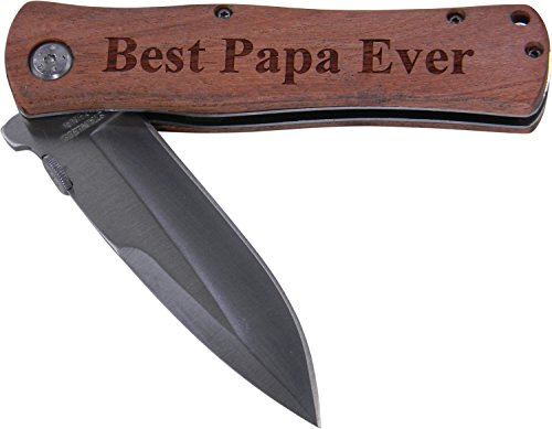 Product Cover Best Papa Ever Folding Pocket Knife - Great Gift for Father's Day, Birthday, or Christmas Gift for Dad, Grandpa, Grandfather, Papa (Wood Handle)