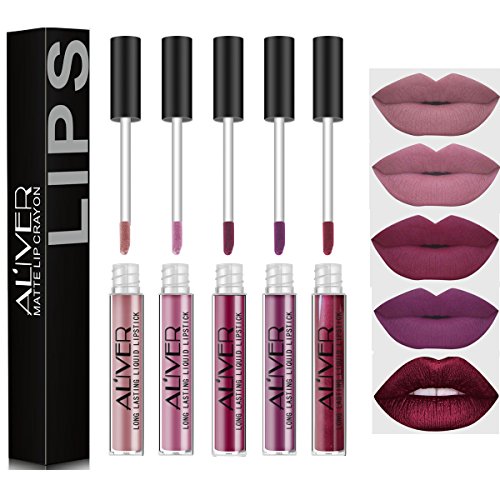 Product Cover ALIVER 5 Pcs Matte Liquid Lipstick Waterproof Long-Lasting Pigmented Lip Gloss Girl women Gift Set (# 1.5.6.7.12)