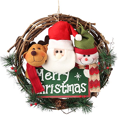Product Cover D-FantiX 14 inch Merry Christmas Wreaths for Front Door, Small Grapevine Wreath Indoor Winter Holiday Wreaths Front Door Christmas Decoration (Reindeer Snowman Santa Claus)