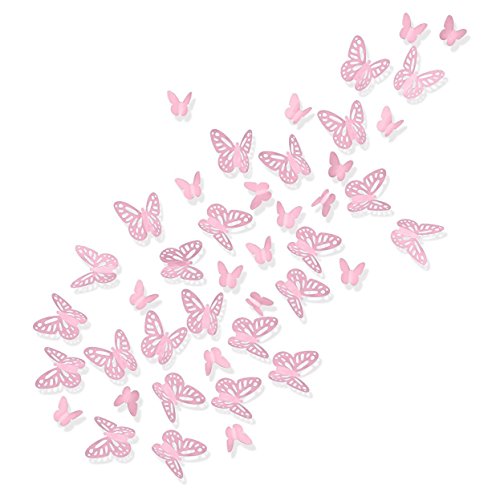 Product Cover Luxbon 100Pcs 3D Vivid Cardboard Paper Hollow Butterfly Matt Effect Wall Stickers Art Crafts Decals Butterflies Home DIY Improvement Decor Mural Pink