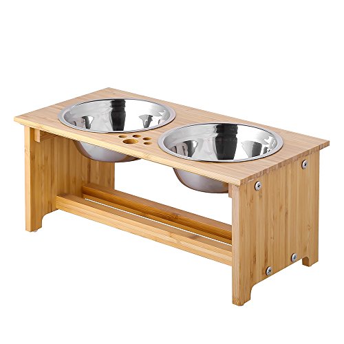 Product Cover FOREYY Raised Pet Bowls for Small and Medium Dogs, Bamboo Elevated Dog Cat Food and Water Bowls Stand Feeder with 2 Stainless Steel Bowls and Anti Slip Feet (New 7'' Tall)