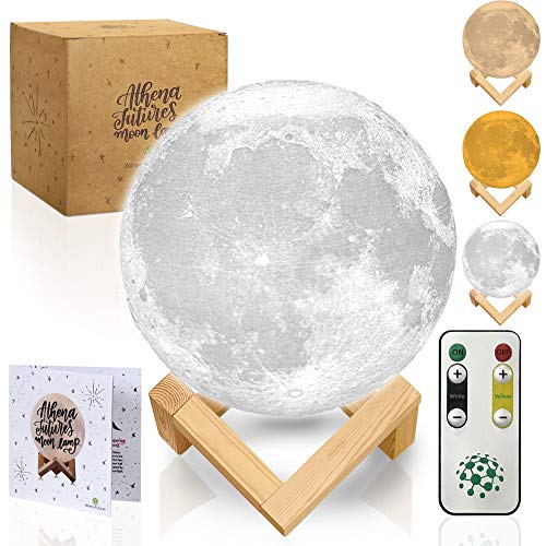 Product Cover Moon Lamp Moon Light 3D Moon Lamp with Timer - Seamless - 3 Color Moon Night Light with Stand - Mood Lamp Book, Globe, Cool Lamp, USB Charging, with Wooden Stand, Box, Kids, Moonlight LED, 5.9 in