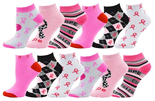 Product Cover 12 Pairs of Womens Breast Cancer Awareness Socks, Pink Ribbon Soft Sport Sock Bulk Pack Gift (12 Pairs Assorted (Ankle))