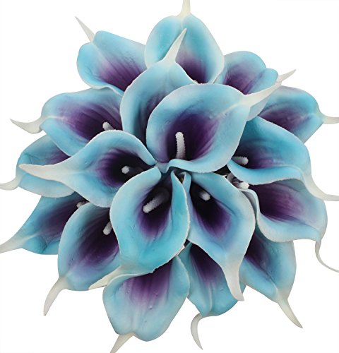 Product Cover Duovlo 20pcs Calla Lily Bridal Wedding Bouquet Lataex Real Touch Artificial Flower Home Party Decor (Purple in Blue)
