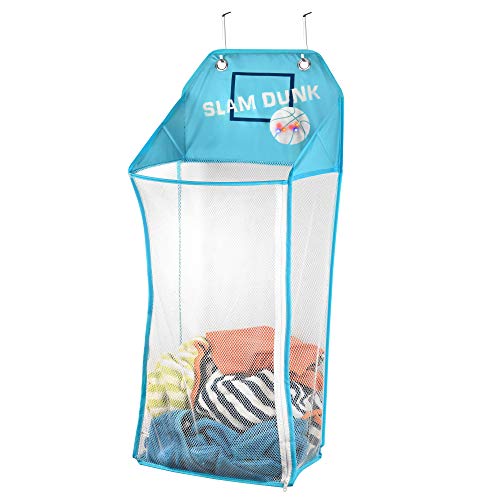 Product Cover Store & Score Over The Door Hanging Kids Fun LED Basketball Light-Up Collapsible Mesh Laundry Hamper Basket, Toy Chest, Heavy Duty Metal Hooks Included. Patent Pending