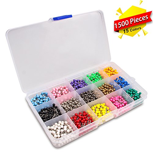Product Cover Yalis Push Pins Marking Map Tacks 1/8-Inch Plastic Beads Head, 15 Assorted Colors, 1500-count