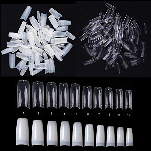 Product Cover 1000 pcs French Acrylic Style Artificial False Nails Tips 10 Sizes (500pcs Clear and 500pcs Natural)