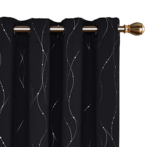 Product Cover Deconovo Black Curtains Wave Line with Dots Printed Grommet Blackout Curtains for Living Room 52 x 84 Inch Black 2 Panels