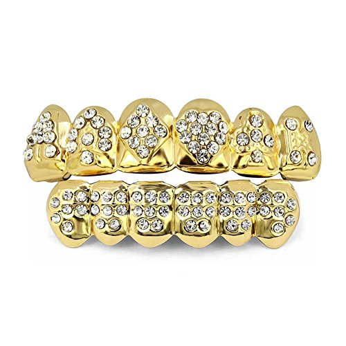 Product Cover TOPGRILLZ 18K Plated Gold Teeth Grillz for Men Women Mouth Iced Out Hip Hop Poker Diamond Top & Bottom Face Grills for Teeth