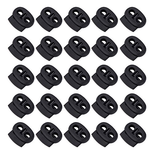 Product Cover BBTO 50 Pieces Spring Cord Locks Double Holes Toggle Stoppers Sliders Oval Cord End Fastener, Black