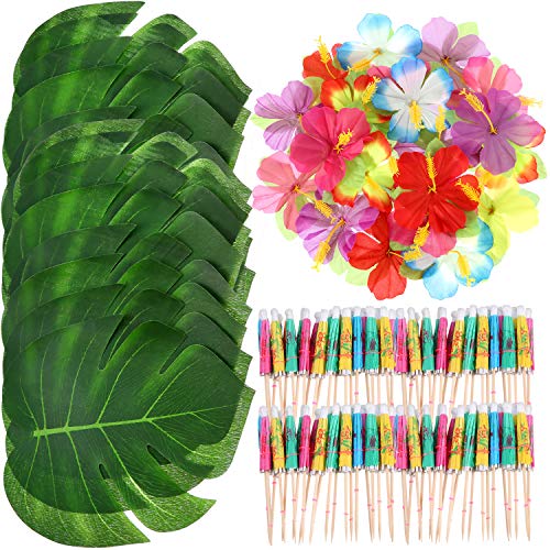 Product Cover Shappy 98 Pieces Hawaiian Luau Theme Party Decorations, Including 24 Pieces Tropical Palm Leaves, 24 Pieces Luau Flowers and 50 Pieces Multi-Color Umbrellas