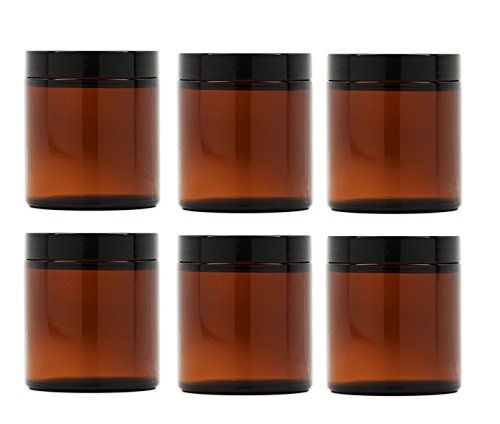Product Cover Premium Vials, 8 Oz AMBER Glass Jar Straight Sided with Black Lid - Pack of 6 (8 OZ, Amber)