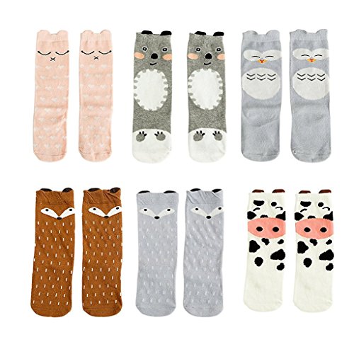 Product Cover Bestjybt 6 Pairs Unisex Baby Girls Socks Knee High Socks Animal Baby Stockings, M (1-3 Years)