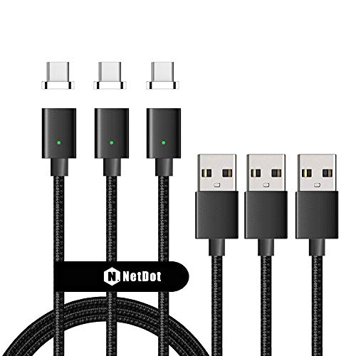 Product Cover Netdot Gen7 Nylon Braided USB-C Magnetic Fast Charging Cable Compatible with Type-C Smartphone(5ft USB-C/3 Pack Black)