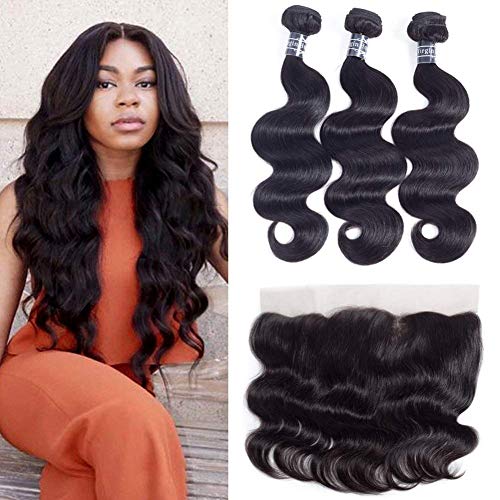 Product Cover Amella Hair Brazilian Body Wave Frontal Free Part(18 20 22+16 Frontal) 8A 100% Unprocessed Brazilian Body Wave Frontal with Baby Hair Natural Black Color