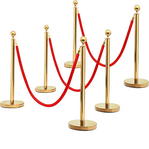 Product Cover Yaheetech Stanchions and Velvet Ropes Stainless Steel Stanchions Posts Queue Pole Retractable Belt/Ropes Crowd Control Barrie with 6.5 Foot Red Velvet Rope Gold, 6-Pack