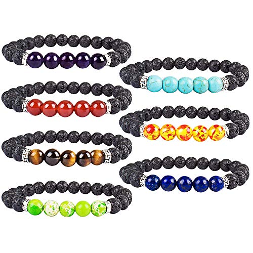 Product Cover YISSION 7 Pack 7 Chakras Gemstone Bracelet Natural Stones Diffuser Bracelets Stretch Bead Bracelets Yoga Reiki Prayer Beads Diffuser Bracelet