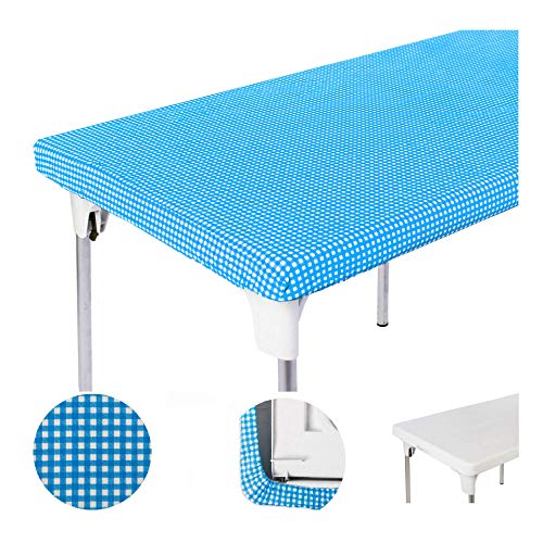 Product Cover TopTableCloth Picnic Table Cover Blue Checkered Elastic Table Cloth on The Corner for Folding Table 6ft 30