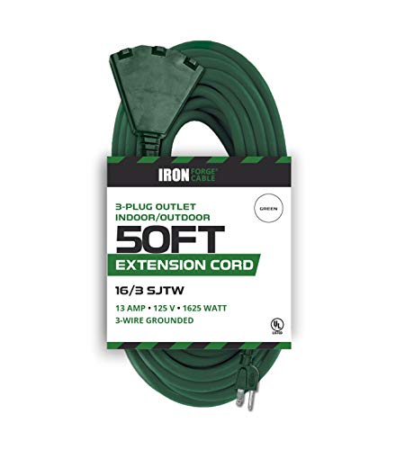 Product Cover 50 Foot Outdoor Extension Cord with 3 Electrical Power Outlets - 16/3 SJTW Durable Green Extension Cable with 3 Prong Grounded Plug for Safety