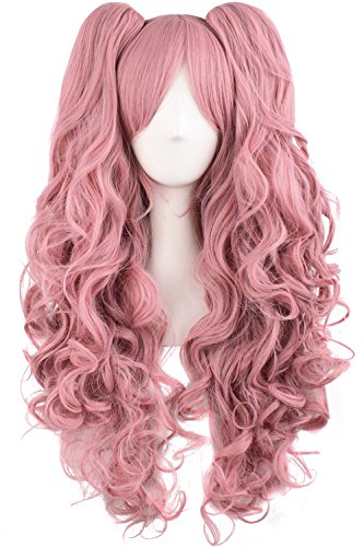Product Cover TSNOMORE Long Curly Lolita Cosplay Wig + 2 Clip on Pigtail Ponytail wig (Pink)