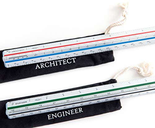 Product Cover Architectural Scale Ruler (Imperial) and Engineer Scale Ruler Set - Two 12 Inch Aluminum Triangular Scale Rulers with Protective Sleeves