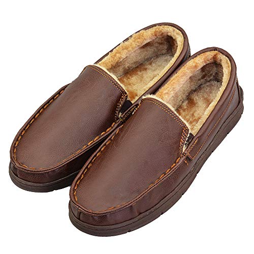 Product Cover VLLY 2018 Mens Leather Slippers Size 8-9 Moccasin Casual Slip on Loafers Pile Lined Indoor Outdoor Shoes Brown