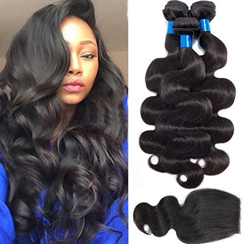 Product Cover Cranberry Hair Brazilian Virgin Hair 3 bundles With Closure Body Wave Free Part 100% Unprocessed Human Hair Bundles Weave Weft with Lace Closure Natural Color(18 20 22+16 closure, Free Part)