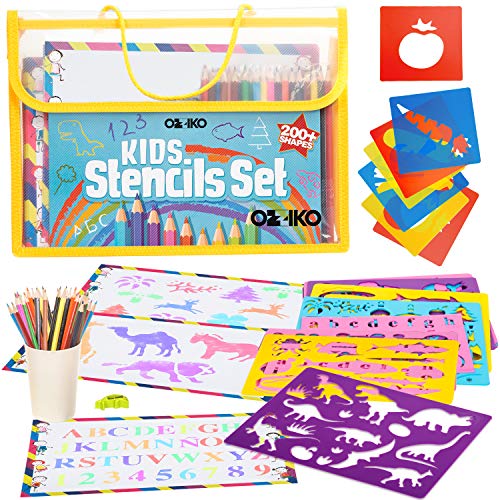 Product Cover Drawing Stencils for Kids. Arts and Crafts Kit for Kids Ages 4-8. Art Supplies Drawing and Coloring Gift Set for Boys and Girls with Alphabet, Letter, Numbers, Animal and Dinosaur Stencil Shapes