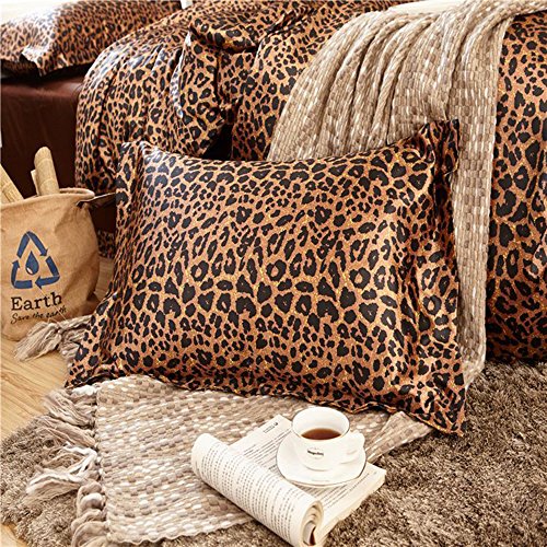 Product Cover Awland Silk Pillowcase for Hair and Skin Pillow Case Bedding Set of 2 - Luxury Silk Satin Skin and Hair Beauty Sateen Queen Size (Standard) 19 x 29 Inch - Leopard