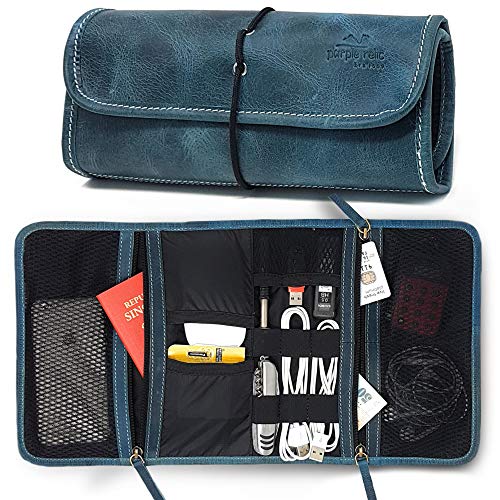 Product Cover Leather Travel Organizer Bag for Cables, Small Electronics, Passport Holder, Mesh Zippered Pockets for USB Drive, Phone, Battery, SD Card, SIM Card, Unisex Gift