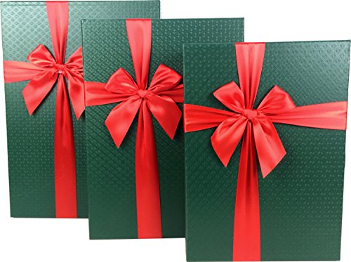 Product Cover Cypress Lane Rectangular Rigid Gift Boxes with Ribbon, Christmas Gift Boxes, a Nested Set of 3 (Green/Red)