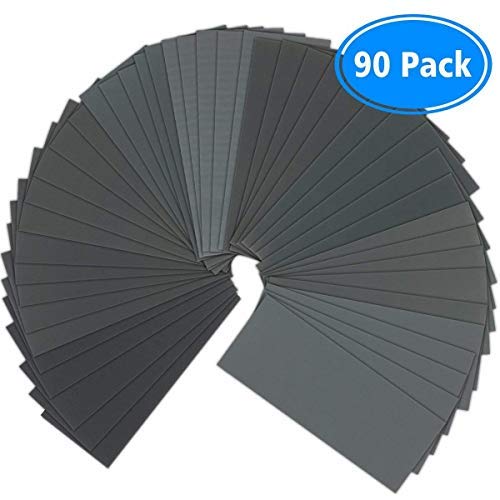 Product Cover Sandpaper, 90 Pcs 400 to 3000 Grit Wet Dry Sandpaper Assortment 9x3.6 Inch for Automotive Sanding - Wood Furniture Finishing - Wood Turing Finishing and More by VERONES?