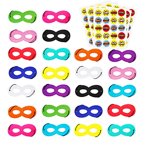 Product Cover AIMIKE Superhero Masks, Cosplay Party Favors, Superhero Eye Masks for Kids with 100 Round Superhero Stickers, 24Pcs Multicolor Masks