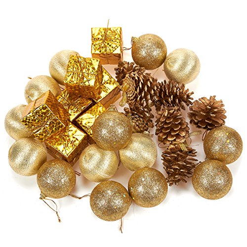 Product Cover Juvale 28-Pack Christmas Tree Decorations - Glittery Xmas Ornaments in 4 Assorted Ball, Gift Box, Pinecone Designs - Perfect Festive DecorEmbellishments, Gold