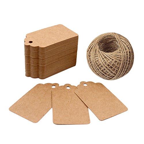 Product Cover Price Tags, Kraft Paper Gift Tags 100 PCS Paper Tags with 100 Feet Jute String for Arts and Crafts, Wedding Christmas Day Thanksgiving,7 cm X 4 cm