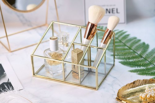 Product Cover PuTwo Makeup Organizer Vintage 5 Compartments Glass & Metal Cosmetic Organizer Brass Makeup Storage for Makeup Brushes Perfume Lipsticks Nail Polish Makeup Holder for Dresser Vanity Countertop - Gold