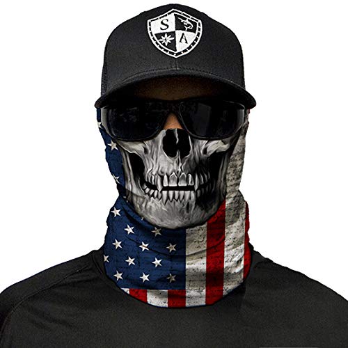 Product Cover SA Company Face Shield Micro Fiber Wind, Dirt Bugs.Keep Warm On Cool Days. Worn as a Balaclava, Neck Gaiter, Head Band, Doo RAG For Hunting, Fishing Cycling and Salt Lovers. - American Flag Skull