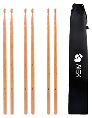 Product Cover 5A Drumsticks, AIEX 3 Pair Drum Sticks Classic Maple Wood Drumsticks Wood Tip Drumstick for Students and Adults (with Waterproof Bag)