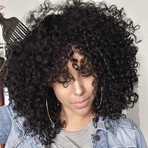 Product Cover Sué Exquisite Black Short Kinky Curly Wig Synthetic Afro Full Wigs with Bangs for Black Women Heat Resistant Hair for African Women