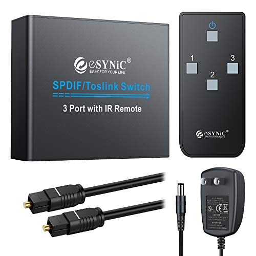 Product Cover eSynic 3 Port Toslink Switch Digital Optical Audio Switcher 3X1 with IR Remote Control Aluminum Alloy SPDIF Switcher 3 In 1 Out with 6.6ft Optical Cable Supports PCM2.0 5.1CH DTS Dolby-AC3