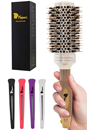 Product Cover Fagaci Round Brush for Blow Drying with Natural Boar Bristle, Round Brush | Nano Technology Ceramic + Ionic for Hair Styling, Drying, Healthy Hair and Add Volume | Hair Brush + 4 Styling Clips