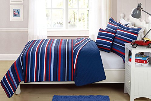 Product Cover Elegant Home Decor Multicolor Light & Dark Blue Red White Striped Design Fun Colorful 3 Piece Quilt Bedspread Bedding Set with Decorative Pillow for Kids/Boys (Twin)